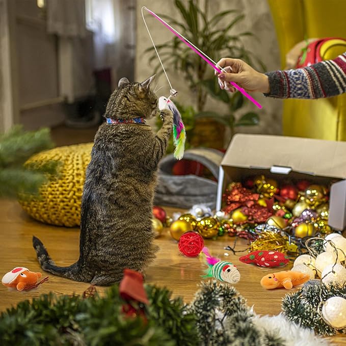 12Pcs Christmas Stocking Cat Toys, Xmas Cat Toys Set with Catnip Plush Toy, Mice Feather Toys, Cat Wand, Pet Supplies for Kitten Toys Interactive Play Indoor Cats Christmas Decorations