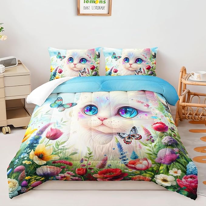 AILONEN Fairy Cat Kids Comforter Set Twin Size, Colorful Floral Butterfly Cartoon Kawaii Bedding Set for Girls, Fantasy Comforter with 2 Pillowcases, Beautiful Cat Duvet Set 3 Pieces