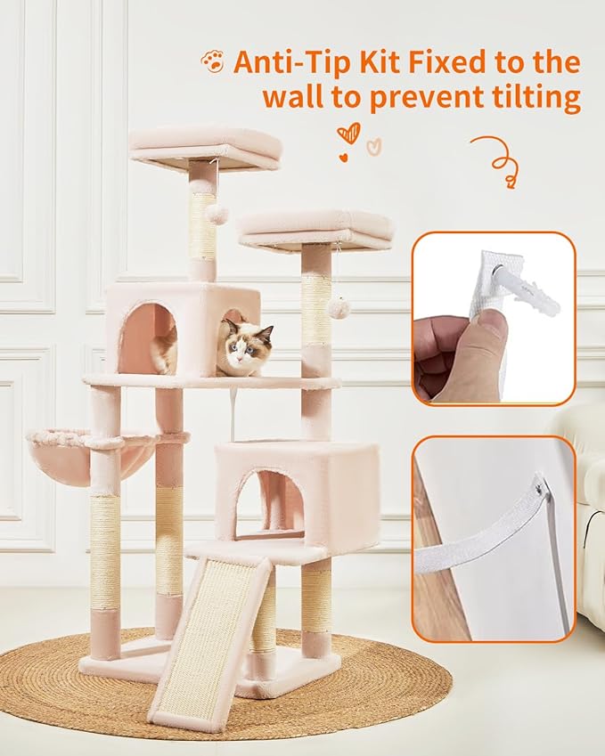 Taoqimiao 56.3-Inch Cat Tree, Cat Tower with Scratching Posts, Cat Tree House for Indoor Cats with hammocks, Toys, Condo and Large Scratch Board, MS012P Elly Pink
