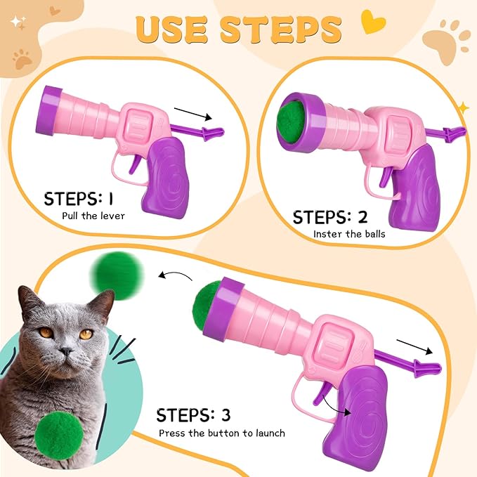4 Pcs Cat Ball Launcher, Interactive Cat Toy with 100PCS Cat Pompom Balls, Cat Toy Ball Launcher Gun for Cats, Cat Toys Interactive for Training, Playing, Funny Game