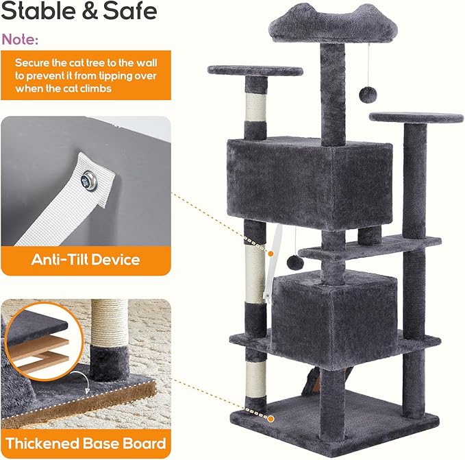 Cat Tree, 54-Inch Cat Tower for Indoor Cats with Sisal Scratching Post, Cat Play House, Large Kitty Condo, Plush Multi-Level with Climbing Ladder