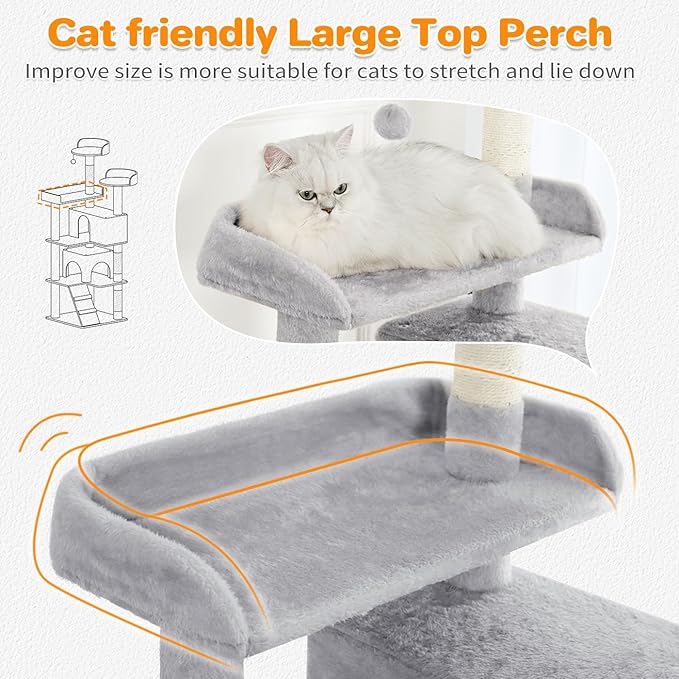 Made4Pets Cat Tree Tower 56in Cat Tower for Indoor Cats Kitten Tree Multi-Level Cat Tree with 2 Condo Furniture Activity Center with Scratching Posts Funny Toys Kittens Pet Play House, Light Grey