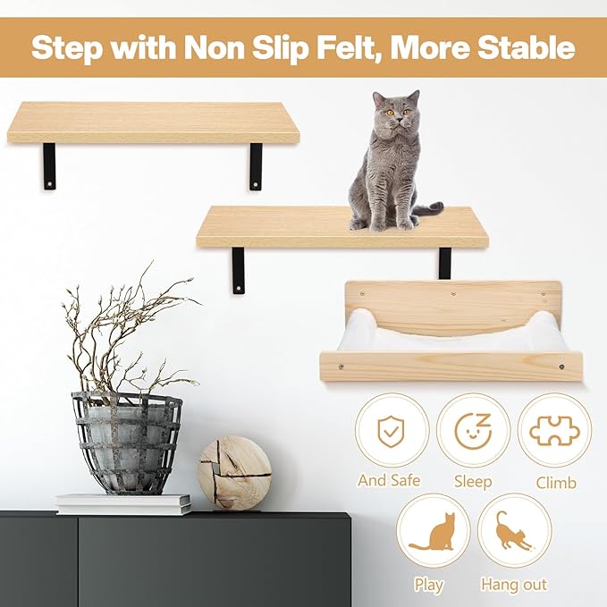 16" x 8" 2 Pcs Large Cat Wall Shelves with 16" x 14" Cat Hammock and Cat Scratching Mat Cat Wall Furniture Set Cat Climbing Shelf for 16 Inch Drywall, Suitable for Sleep, Climb, Play, Nap