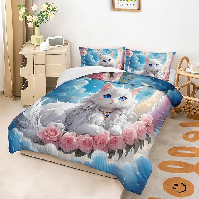 AILONEN Kids Kitten Bedding Set Twin Size,Cute Cartoon Cat Comforter Set for Girls Teens,Fairy Sky Moon Pink Rose Duvet Set 3 Piece,Beautiful Kitten Comforter with 2 Pillowcases
