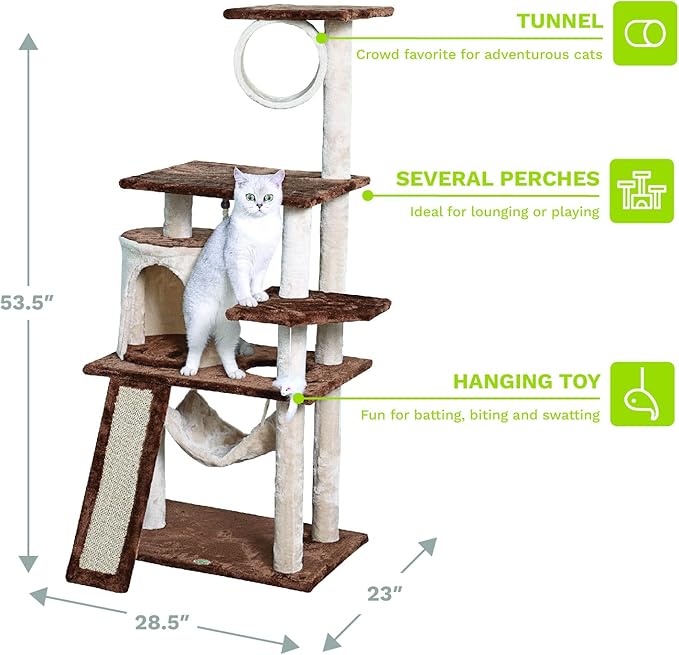 Go Pet Club Everyday Value 53in Cat Tree Kitty Tower Kitten Scratcher Condo House Furniture with Hammock and Tunnel Indoor Cat Activity Center, Beige/Brown