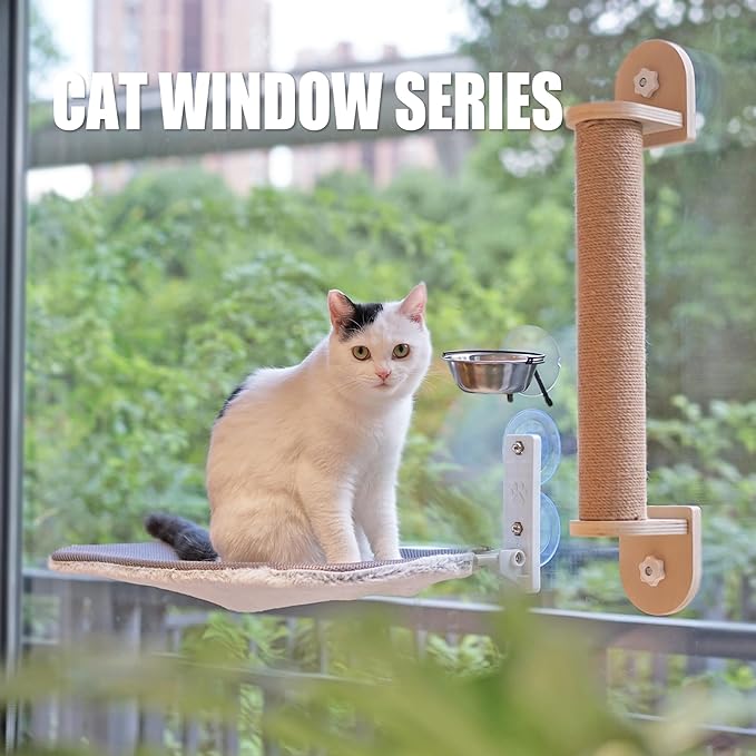 Meeyoview Cat Window Perch, Foldable Cat Window Hammock with Wooden Scratching Post and Stainless Steel Cat Bowls, Window Mounted Bed for Cats Inside (1 Cat Scratching Post)