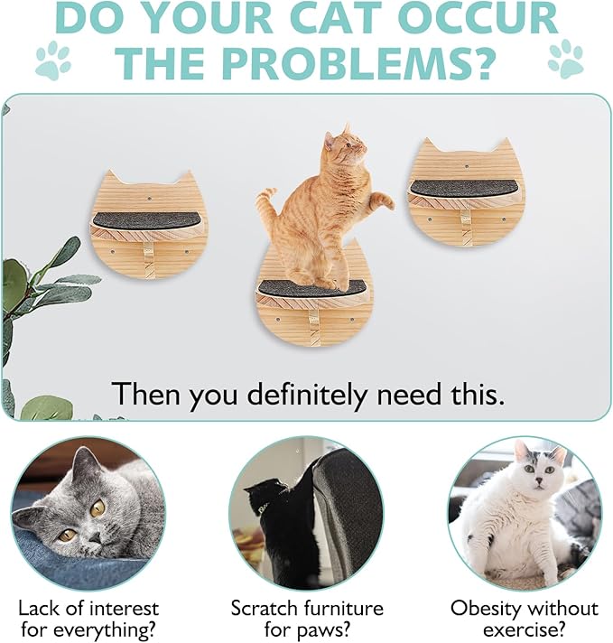 kathson 6 Pcs Cat Wall Mounted Shelves Cat Wall Steps Shelves Wood Cat Climbing Shelves Cat Stairs with Non Slip Felt Cat Ladder Cat Wall Bed Cat Wall Furniture Cat Perch for Springboard Playing