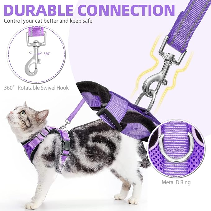 PUPTECK Cat Harness and Leash Set Escape Proof Reflective Cat Walking Harness Adjustable Soft Breathable Mesh Vest for Small Pets, Purple, S