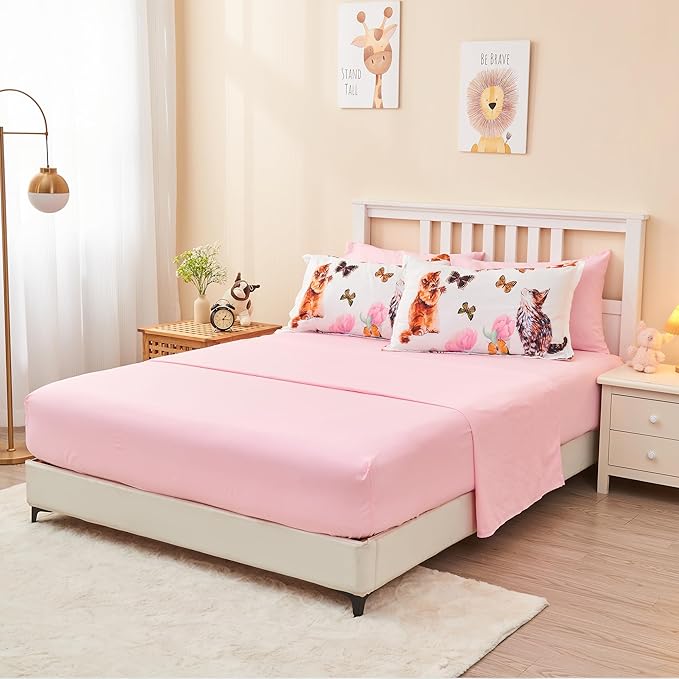 7 Piece Cat Comforter Set Full Size,Kids Girls Bed in A Bag Cute Kitty Butterfly and Flowers Comforter Set for All Season(1 Comforter,2 Pillow Shams,1 Flat Sheet,1 Fitted Sheet,2 Pillowcases)