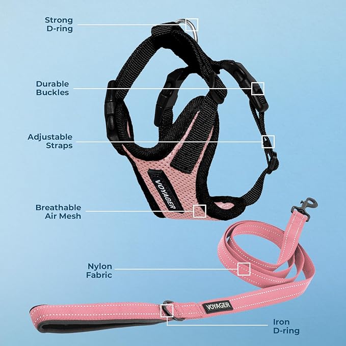 Voyager Step-in Lock Dog Harness w Reflective Dog Leash Combo Set with Neoprene Handle 5ft - Supports Small, Medium and Large Breed Puppies/Cats by Best Pet Supplies - Pink/Black Trim, XL