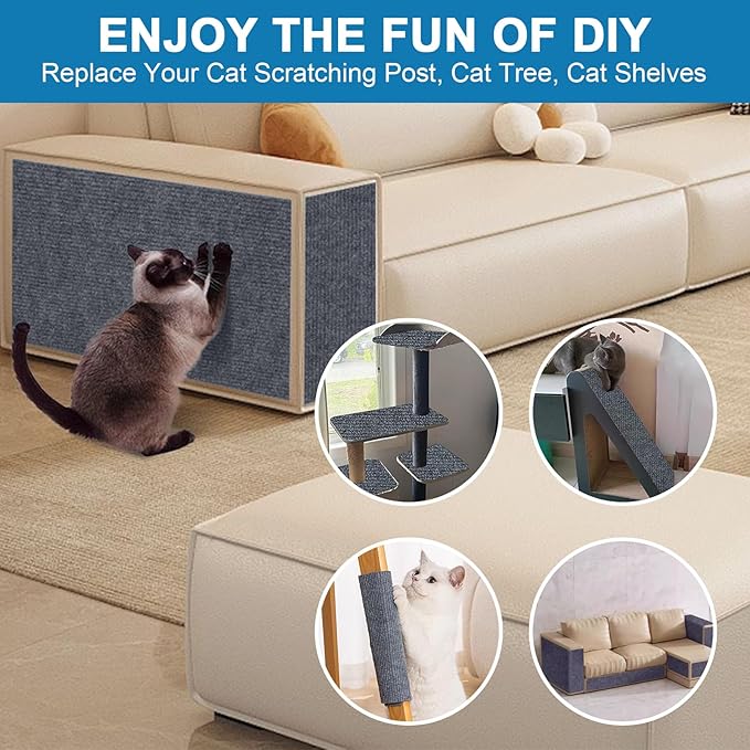 Cat Scratch Furniture Protector Pads with Self-Adhesive Backing, 98.5"X15.8" Dark Gray Randomly Cutting Trimmable Cat Scratch Carpet Mat Post Tree Shelves Cover Replacement for Sofa,Couch,Door,Corner