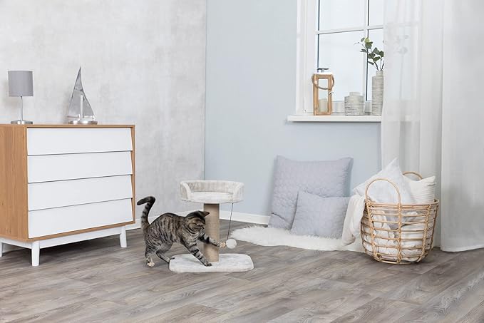 TRIXIE Mica Cat Scratching Post 18.1 Inch - Cat Scratcher with Soft Fabric Covering Base and Durable Sisal Rope - with Padded Platform & Dangling Cat Toy - in Greige