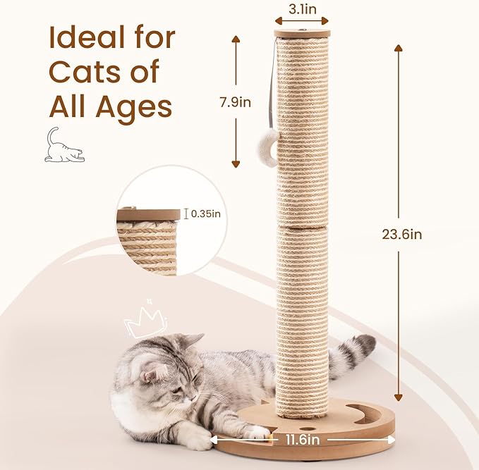 Mewoo Cat Scratching Post, 25'' Tall Cat Scratching Posts with Kitten Toys Cat Ball Track, 3-in-1 Scratch Posts for Indoor Cats, Natural Sisal Cat Scratcher Interactive Toy with Dangling Balls