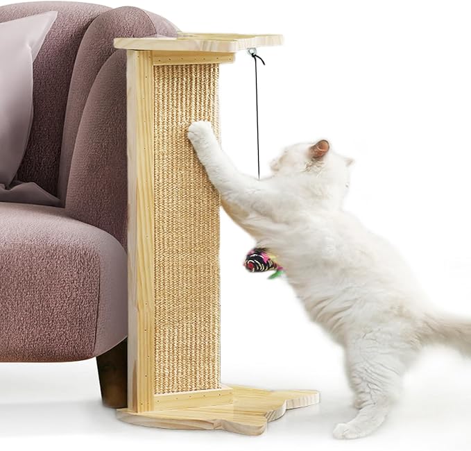Cat Corner Scratcher, Couch Corner Cat Scratcher, Wood Corner Scratching Post for Wall, 18" Sisal Cat Scratcher for Couch Corner Indoor Cats with Mouse Toy
