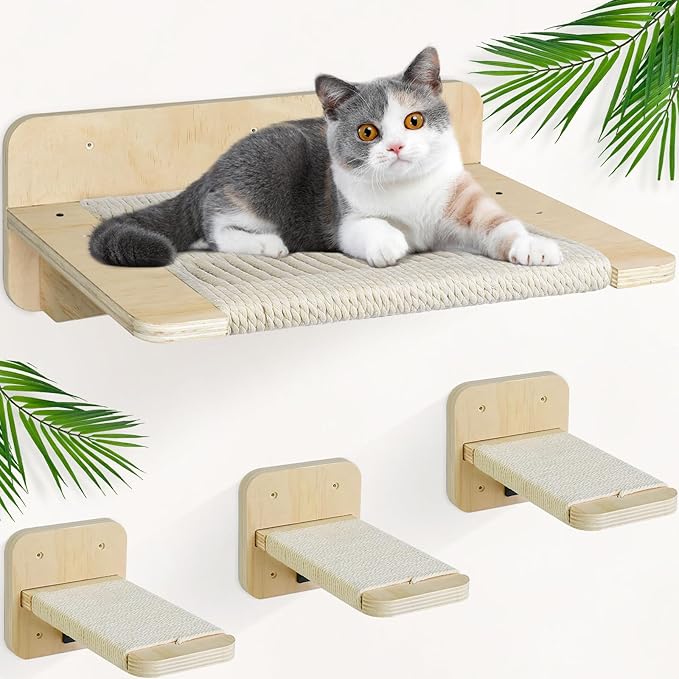 Cat Hammock Cat Wall Shelves with 3 Cat Wall Steps, Wall Mounted Cat Shelves and Perches with Hemp Rope Scratching, Cat Wall Furniture Climbing Shelves for Indoor Cats Set