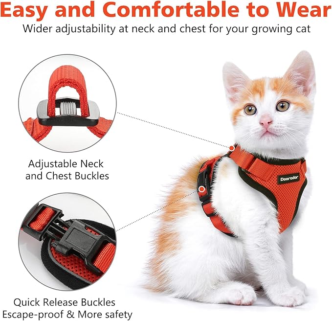 Dooradar Cat Harness and Leash Set, Escape Proof Safe Adjustable Kitten Vest Harnesses for Walking, Easy Control Soft Breathable Mesh Jacket with Reflective Strips for Cats, Reddish Orange, S