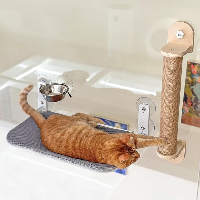 PETKARAY Cat Window Perch, Foldable Cat Hammock for Window, Cat Window Bed for Indoor Cats, Including Cat Bowl and Scratching Post