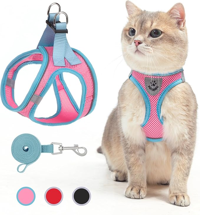 SCENEREAL Cat Harness and Leash Set Escape Proof, Adjustable Soft Air Mesh Kitten Harnesses for Girls Boys Small Medium Big Cats, Reflective Light Travel Pet Walking Vest for Puppy Rabbit, Pink S