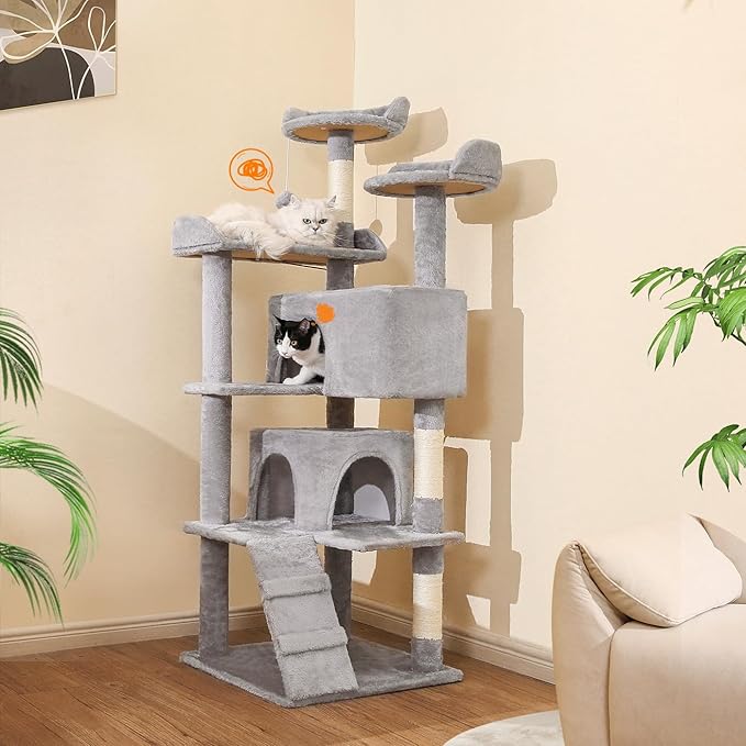 Made4Pets Cat Tree Tower 56in Cat Tower for Indoor Cats Kitten Tree Multi-Level Cat Tree with 2 Condo Furniture Activity Center with Scratching Posts Funny Toys Kittens Pet Play House, Light Grey