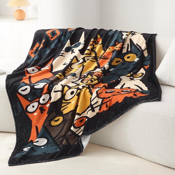 2025 Best Gift Cat Original Designer Throw Blanket, Warm Soft Cute Cat Lover Gifts for Women, Cat Mom Gifts for Cat Lovers, Funny Cat Themed Gifts Blanket for Kids, Birthday Christmas, Black