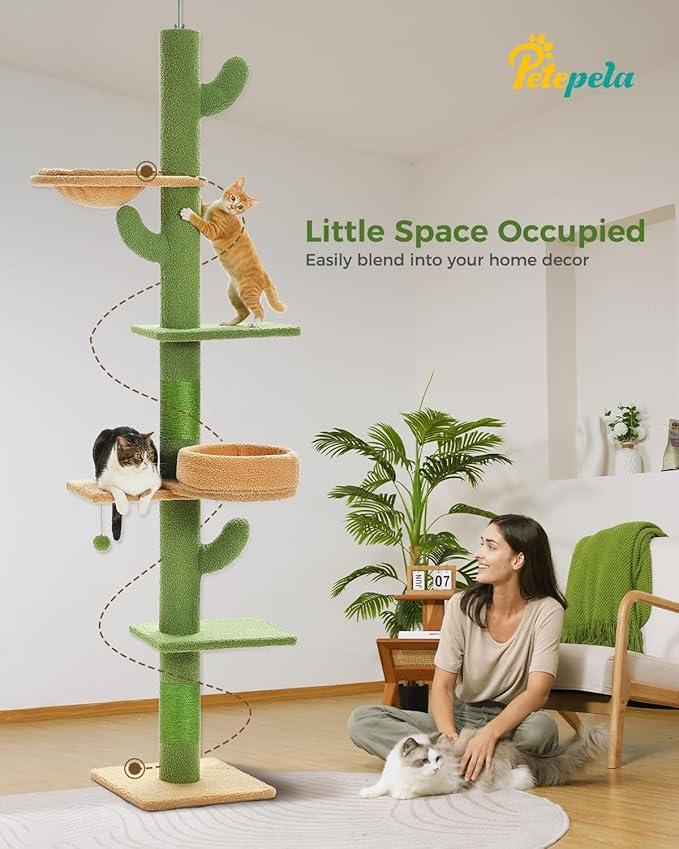PETEPELA Floor to Ceiling Cat Tree [87"-100"] Height Adjustable, 5 Levels Cactus Cat Tower with Cat Perch&Replaceable Hammock(Visible Acrylic Bowl), 4.1" Super Robust Cat Scratcher Green