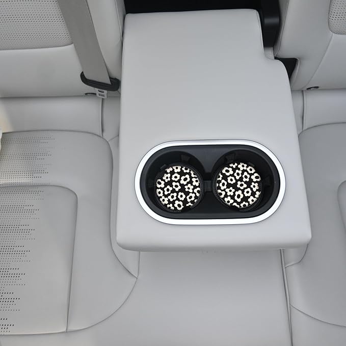 Absorbent Car Coasters 2 Pack for Cup Holders, 2.56" Ceramic Stone & Non-Scratch Cork Base Drink Coasters(White Flower)