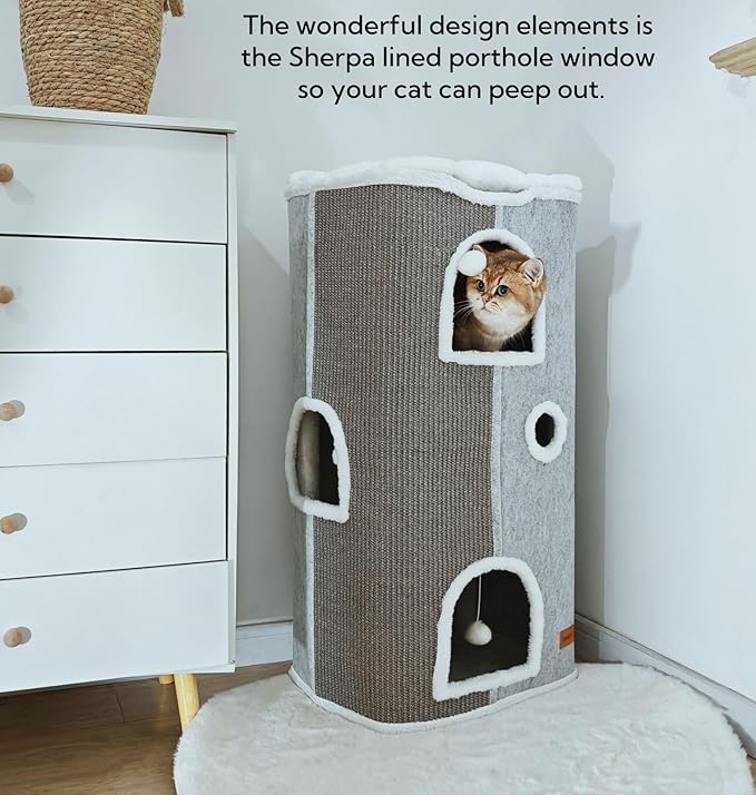 4-Level Cat House for Indoor Cats, Large Adult Cat Peekaboo Cave Bed Cats Cube Houses with Scratch Pad Cat Towers Cute Kitten Condo Hideaway Hut for Multi Pets Under 55 lbs Light Grey