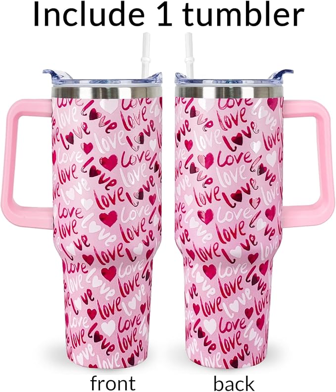 40 Oz Valentines Day Tumbler 3d-Printed Pink Love Tumbler Gifts for Couple Women Men Insulated Travel Cup with Handle Lid and Straw