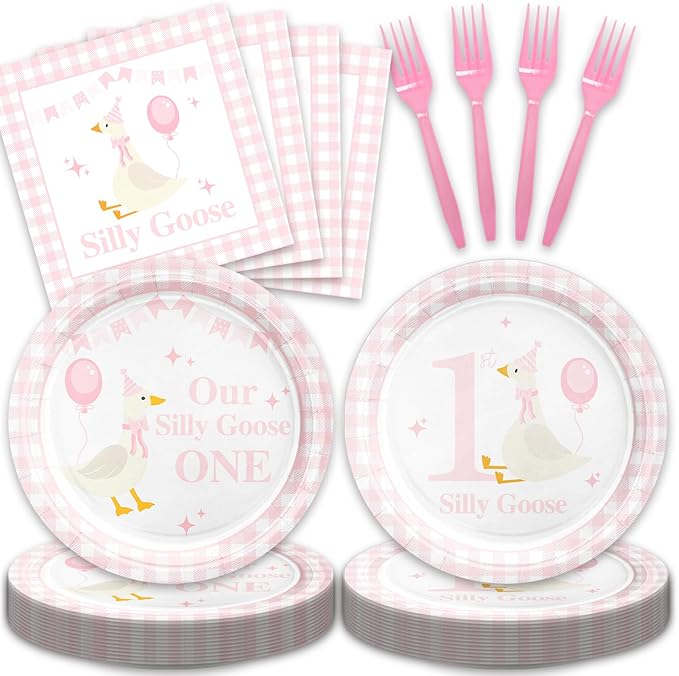 48Pcs One Silly Goose Birthday Decor Girl, Pink Silly Goose Birthday Baby Shower Party Decorations with Forks Paper Plates and Napkins Set Supplies