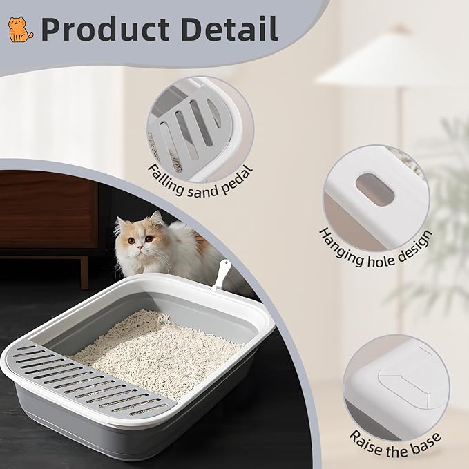 2Pcs Cat Litter Box, Collapsible Kitten Litter Box with Scoop, Open Potty Pan Cat Toilet Portable Cats Litter Box Travel Litter Easy to Clean and Assemble