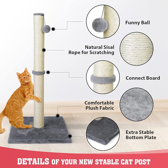petellow 31'' Tall Cat Scratching Post - Cat Claw Scratcher with Hanging Ball - Scratching Posts for Indoor Large Cats - Durable Stable Cat Furniture with Sisal Rope - Cat Scratch Post-Grey