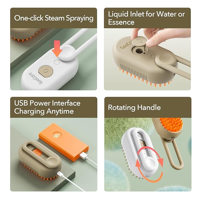 2nd Generation 3-in-1 Cat Steam Brush for Shedding, Pet Hair Removal Comb with Water Tank, Spray Cat Brush for Pet Grooming, Steamy Cat Brush for indoor Haired Cats, Dogs and Rabbits (Khaqi)