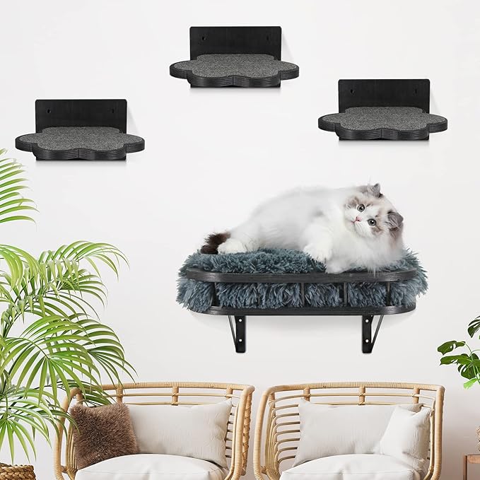 Cat Hammock Cat Wall Furniture with Cooling Mat and Plush Cushion and 3 Wall Steps, Wall Mounted Cat Shelves and Perches, Cat Climbing Shelf Cat Scratching Post for Sleeping, Playing, Gift for Cat