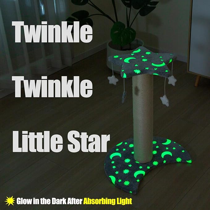 LUCKITTY Small Cat Scratching Post with Star Moon Design, Glow-in-The-Dark Fabric, 5 Plush Toys, Kitten Stratcher Tree Protecting Your Furniture,16 in Wide by 20 in High