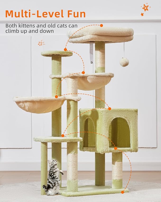 Taoqimiao Cat Tree, 39.4-Inch Cat Tower for Indoor Cats,Suitable for Kittens,Plush Cat Condo with 5 Scratching Posts, Plush Perch,2 Hammock,Pompoms, MS019GB Green and Beige