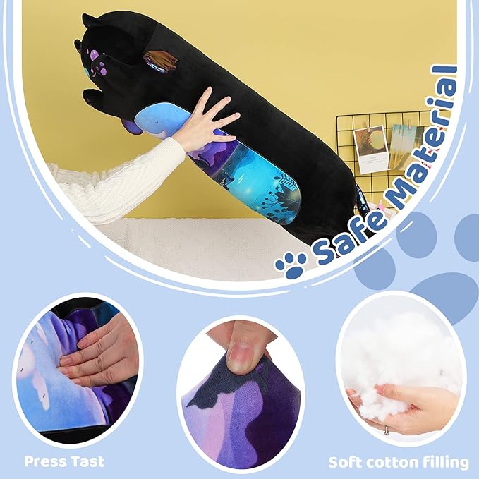 AIXINI Long Cat Plush Pillow Cartoon Cute Black Cat Stuffed Animals, Soft Kawaii Kitten Plushies Pillow Toy for Kids (Moonlight Black,19.7inch)