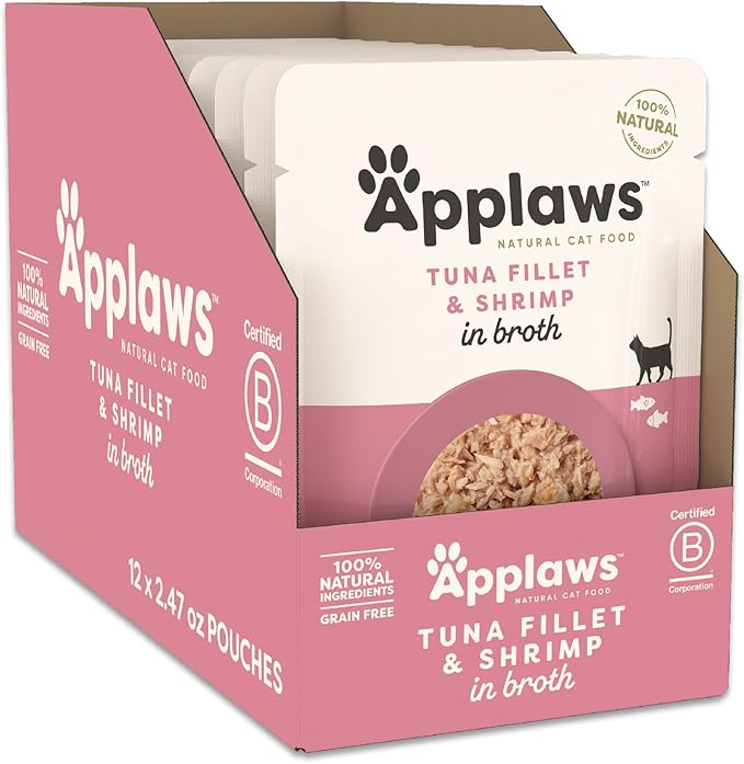 Applaws Natural Wet Cat Food in Broth, Limited Ingredient Wet Cat Food Pouches, No Additives, Made with Natural Ingredients, Tuna with Shrimp in Broth (12 x 2.47oz Pouches)