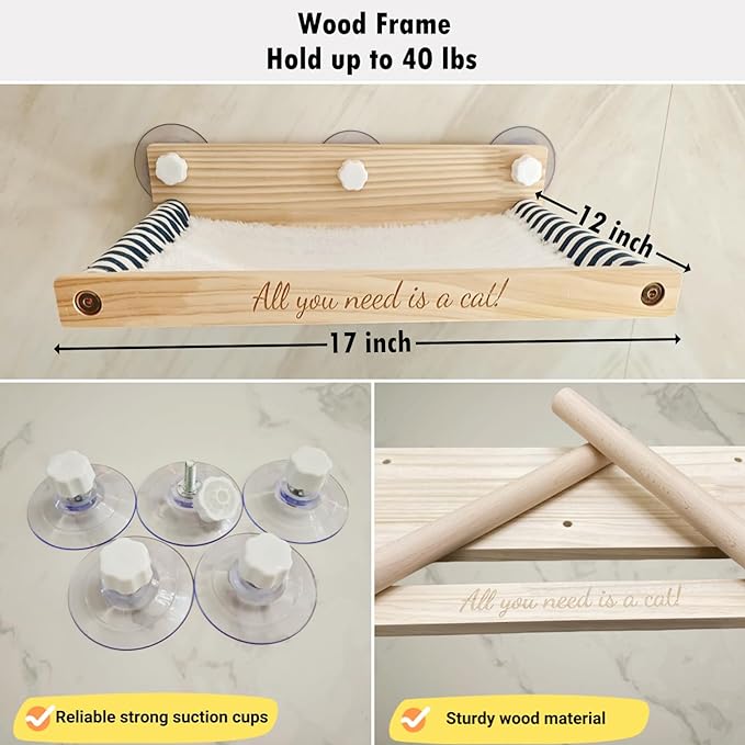 Cat Window Perch with 2 Window Stairs, Natural Wood Materials, 17'' Wide Cat Window Hammocks, Cat Hammock for Window with 5 Strong Suction Cups