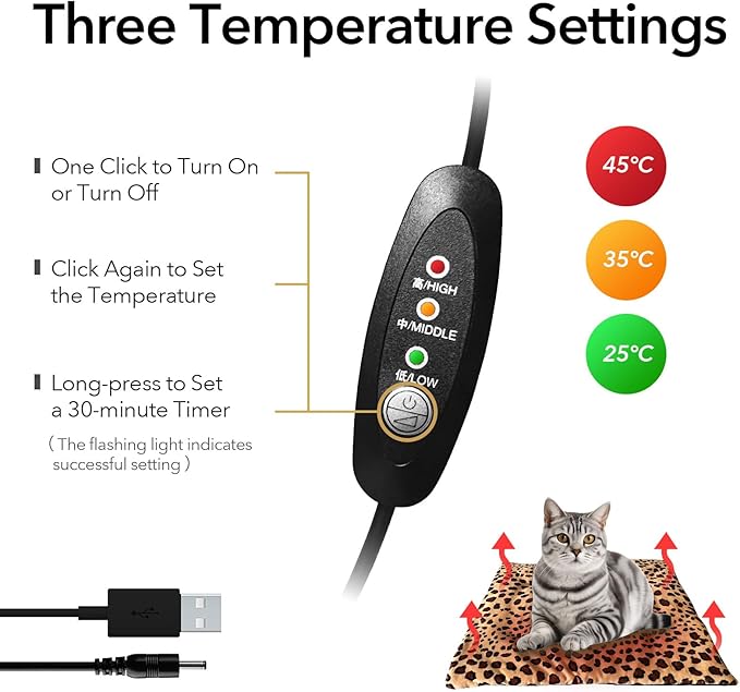 5V USB Heating Bed Mat for Cats Small Dogs, 3-Level Temperature Control, Hand Washable, Safe and Warm (Black & White Dots)