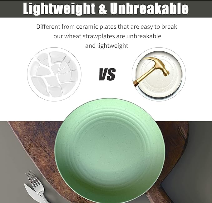 6 PACK 6 Inches wheat straw plates, Unbreakable Deep Dinner Plates, Plastic Plates Reusable, Assorted Colors Dinnerware Sets, Microwave & Dishwasher Safe, Healthy for Kids & Adult