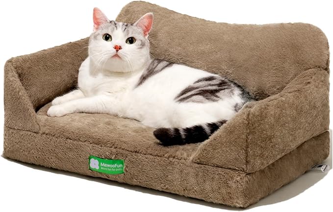 MEWOOFUN Cat Couch Bed for Indoor Cats, Fluffy Cat Sofa for Small Pets with Removable Washable Cover, Cute Cat Bed with Non-Slip Bottom, Cat Beds & Furniture for Small Pets(Brown,S)