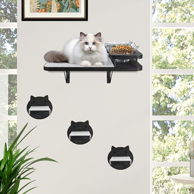 Cat Wall Shelves, Cat Shelves and Perches for Wall, Cat Shelves Wall Mount, Cat Wall Furniture with 3 Cat Wall Steps, Cat Climbing Shelf Cat Scratch Post, Cat Wall Shelf with 2 Cat Food Shelf