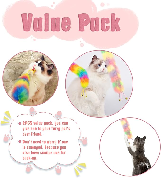 2 Pack Cat Wand Toy, Rainbow Cat Feather Toys with Bells, Cat Teaser Wand with Soft Furry Tail, Interactive Cat Toys for Indoor Cats & Kitten & Kitty