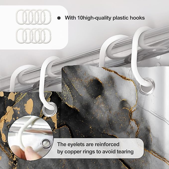 AWERT Dreamy Ink Art Black Glod Marble Shower Curtain for Bathroom Modern High Definition Printing Waterproof Shower Curtain with Hooks Bathroom Decor 60x72inch