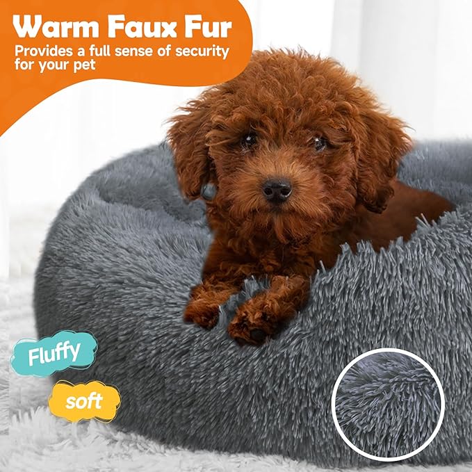 Small Dog Bed,Cat Beds for Indoor Cats, Removable Cat Bed, Fluffy Round Pet Bed Non-Slip, Calming Soft Plush Donut Cuddler Cushion Self Warming for Small Dogs Kittens, Dark Grey, Large