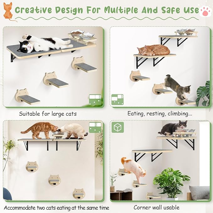 Cat Wall Shelves Set of 2, Cat Shelves and Perches for Wall, Cat Shelves Wall Mount for Large Cat, Cat Wall Furniture with 3 Cat Wall Steps, Cat Climbing Shelf, Cat Wall Shelf with 2 Cat Food Shelf
