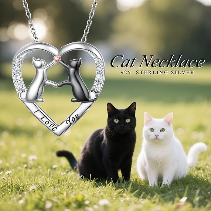 925 Sterling Silver Cat Necklace for Women Small Red Heart Cat Jewelry Pendant Necklace with Cubic Zirconia Dainty Double Cat Necklace Birthday Anniversary Christmas Gifts for Women