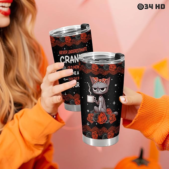 34HD Funny Black Cat Tumbler with Lid, 20 oz Stainless Steel Vacuum Insulated Pet Coffee Mug, Cat Lover Gifts for Women Girl Mom Birthday Halloween Christmas