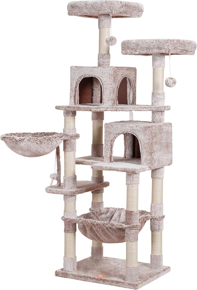 Heybly Cat Tree, 70 inches Tall Cat Tower condo with Toy for Indoor Large Cats, Cat House Furniture with Padded Plush Perch, Cozy Hammock and Sisal Scratching Posts,Muchroom HCT032MU