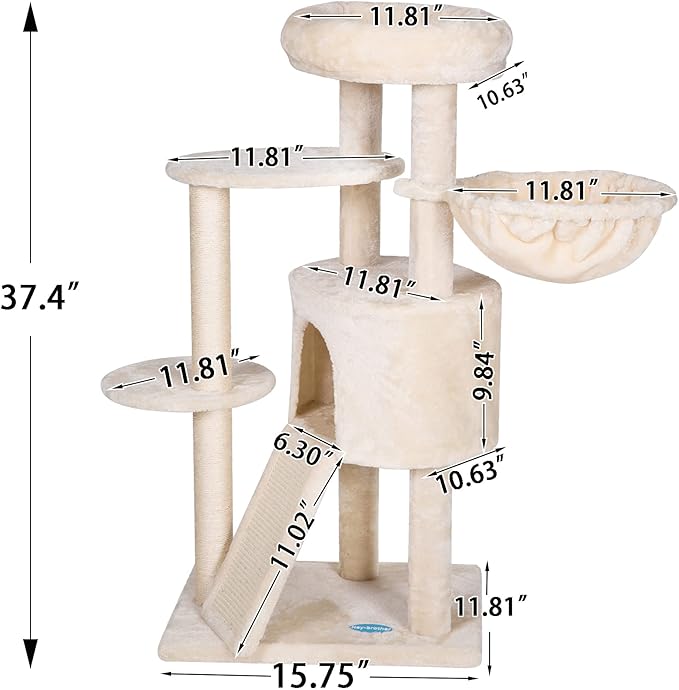 Hey-brother Cat Tree with Scratching Board, Cat Tower with Padded Plush Perch and Cozy Basket, Multi-Platform for Jump, Beige MPJ005M